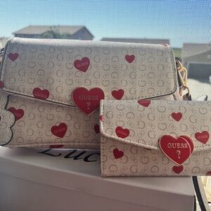 GUESS Beige Crossbody Bag and Matching Wallet with Red Heart Accents
